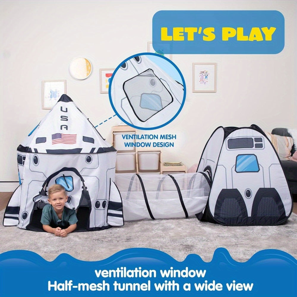 White Rocket Ship Pop up Play Tent with Tunnel for Kids, Playhouse Kids Indoor Outdoor Spaceship Tent Set, birthday gifts for boys and girls