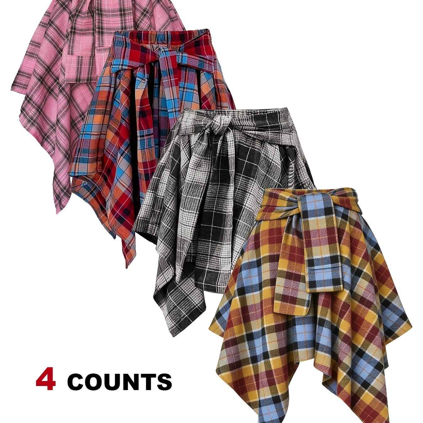 Plus Size - Plus Size - 4-Pack Plus Size Pleated Plaid Skirt | Women High Waist A-Line Elastic Waist Midi Skirt Casual Vintage Checkered Skirt With Slight Stretch Fabric