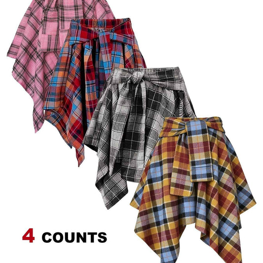 Plus Size - Plus Size - 4-Pack Plus Size Pleated Plaid Skirt | Women High Waist A-Line Elastic Waist Midi Skirt Casual Vintage Checkered Skirt With Slight Stretch Fabric