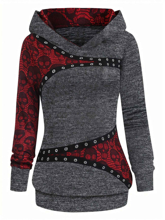 Women's Gothic Retro Skull & Lace-like Hooded Sweater - Black & White Color-Block Long Sleeve with Metal Grommet Eyelets, Slim-Fit Winter Warm Pullover, Machine Washable for Casual & Costume Outfits