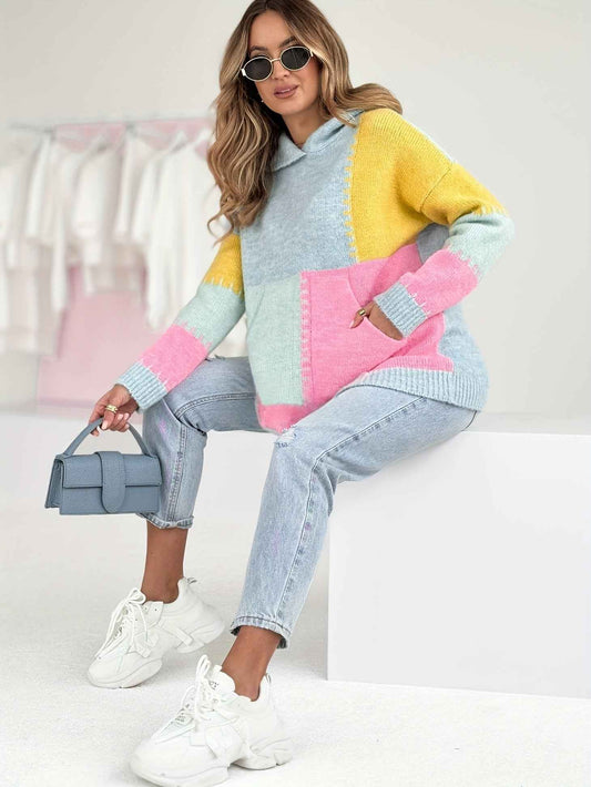 Plus Size Women's Elegant Hooded Sweater • Pastel Pink & Yellow Colorblock Long Sleeve Pullover • Cozy Front Pocket Fall/Winter Sweater • Everyday & Formal Outfits • Cute Casual Winter Wear • Durable Colorblock Desi
