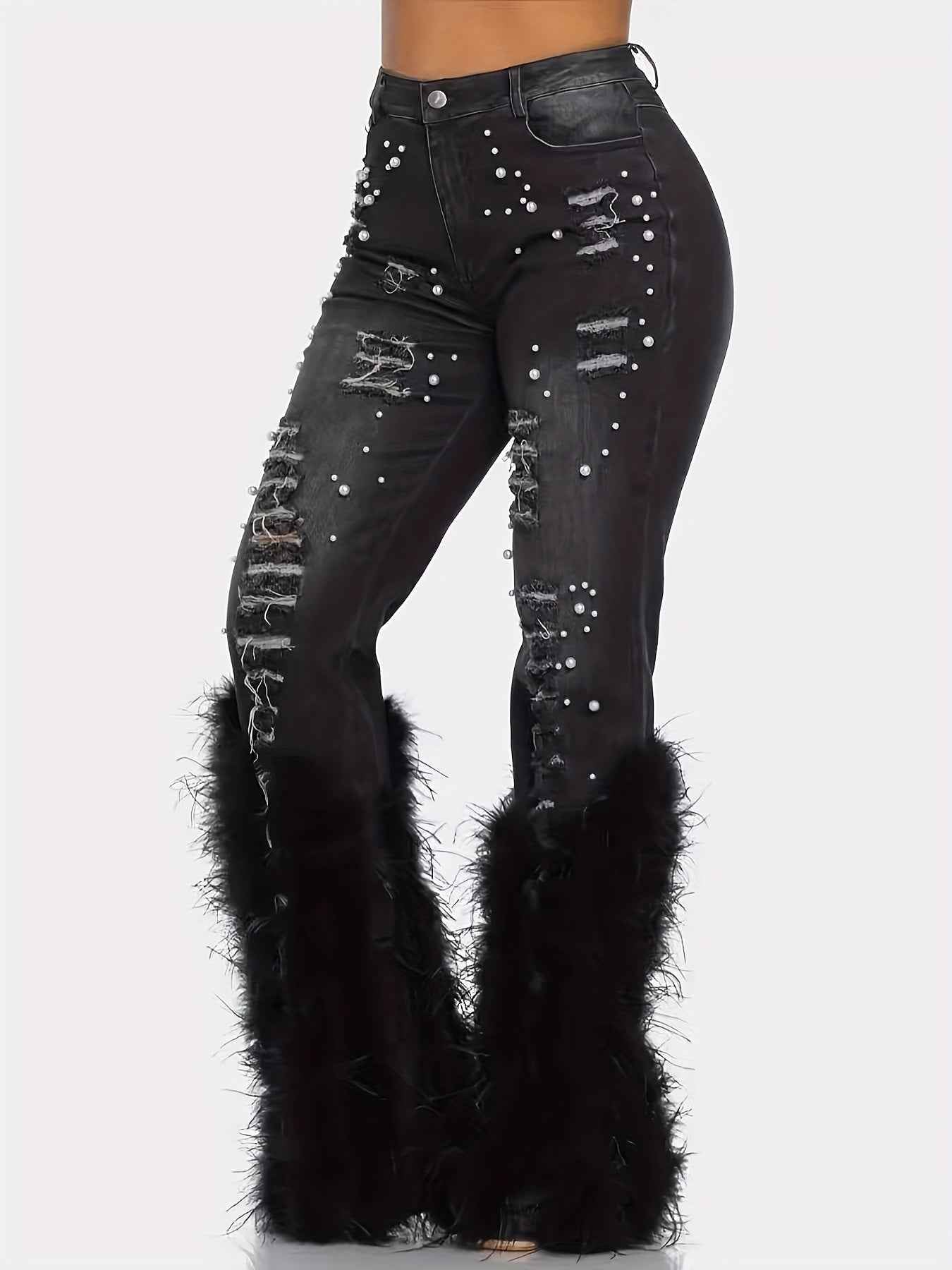 Denim Ripped Design Pearl Embellished Jeans