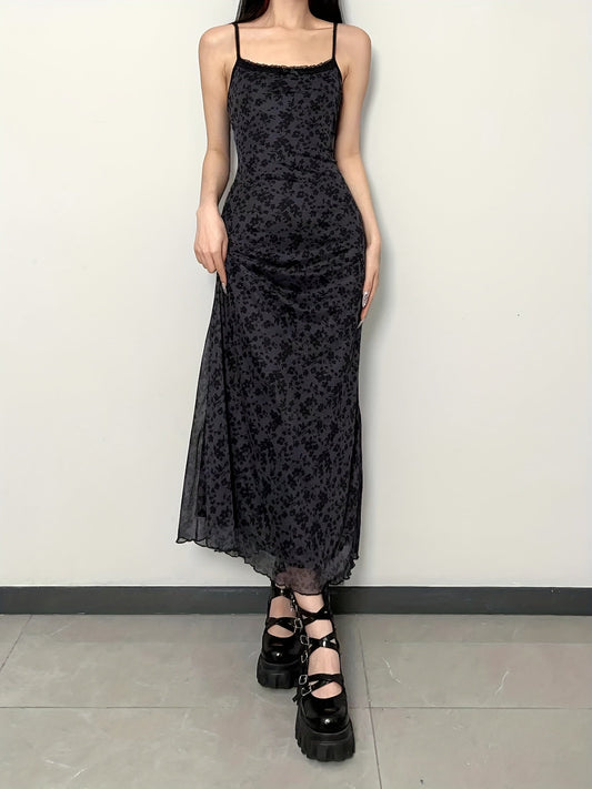 [Vintage Floral Dress] Floral Mesh Patchwork Long Dress - Slim Fit Vintage Style for Japanese and Korean Street Fashion SS69