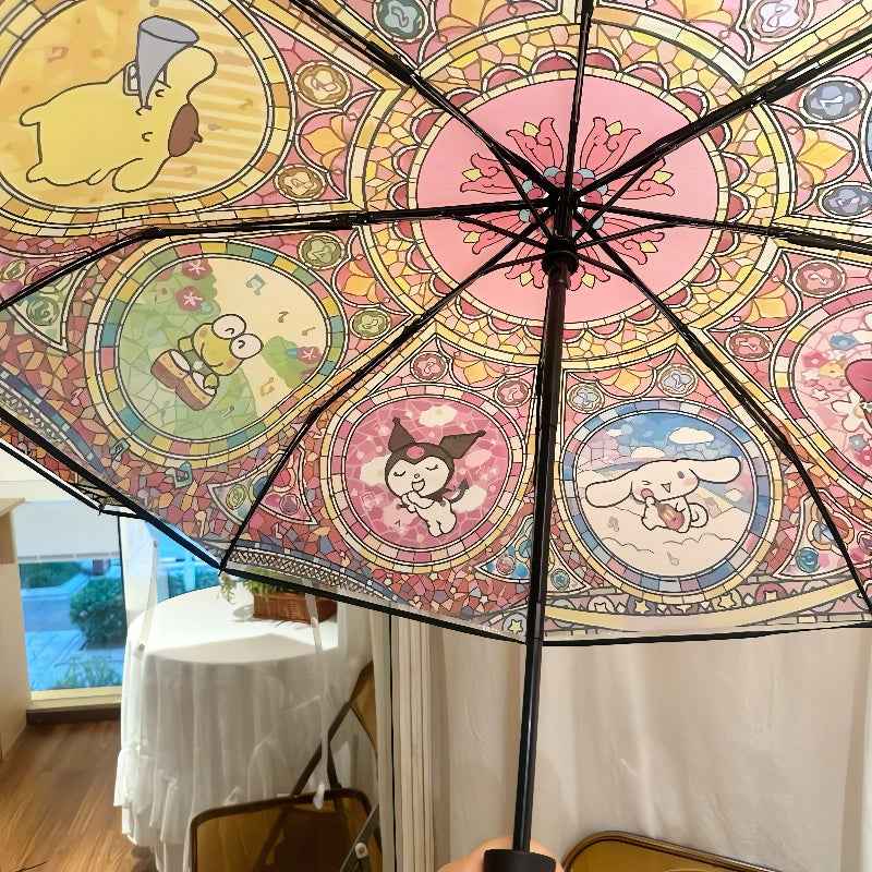 [Cute Anime Umbrella] Sanrio Kuromi/Pochacco/Melody/Kulomi/Beloved Star 1pc Automatic Open/Close Umbrella | Cute Anime Umbrella with 8-Rib Compact Folding Design, One-Touch Button, Pink/Blue/Golden/Purple/Green/Brown/Beige -