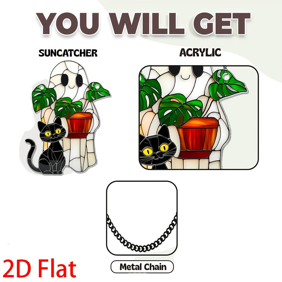 2D Flat, 2D Flat Cute Ghost Plant And Black Cat ACRYLIC Suncatcher, Ghost Monstra Window Hanging, Hangings Plant Lover Gift, Black Cat Lover, Mom Gift, Halloween Decor Acrylic Ornament Art Christmas Ornament, Car Interiors, 2 SS69