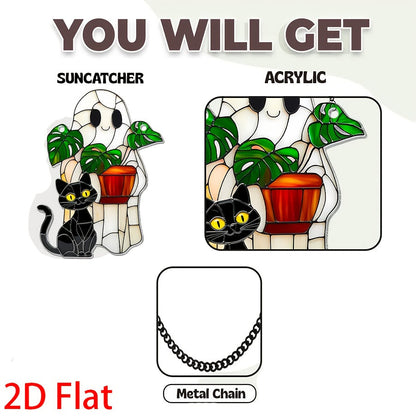 2D Flat, 2D Flat Cute Ghost Plant And Black Cat ACRYLIC Suncatcher, Ghost Monstra Window Hanging, Hangings Plant Lover Gift, Black Cat Lover, Mom Gift, Halloween Decor Acrylic Ornament Art Christmas Ornament, Car Interiors, 2 SS69