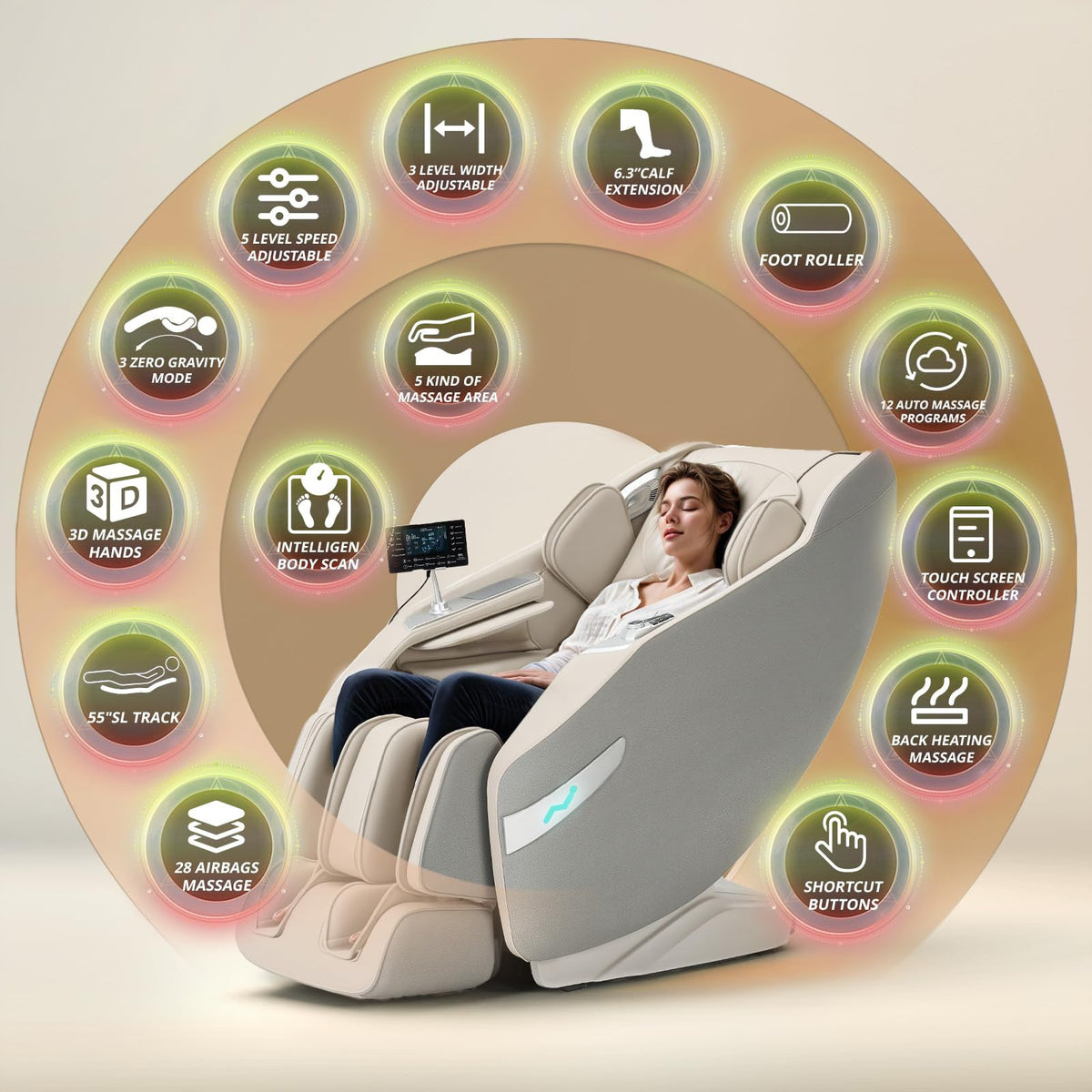 3D Massage Chair Full Body Zero Gravity Recliner - with Heated Heat, 12 Auto Massage Modes, Shiatsu Foot Massage, with 55