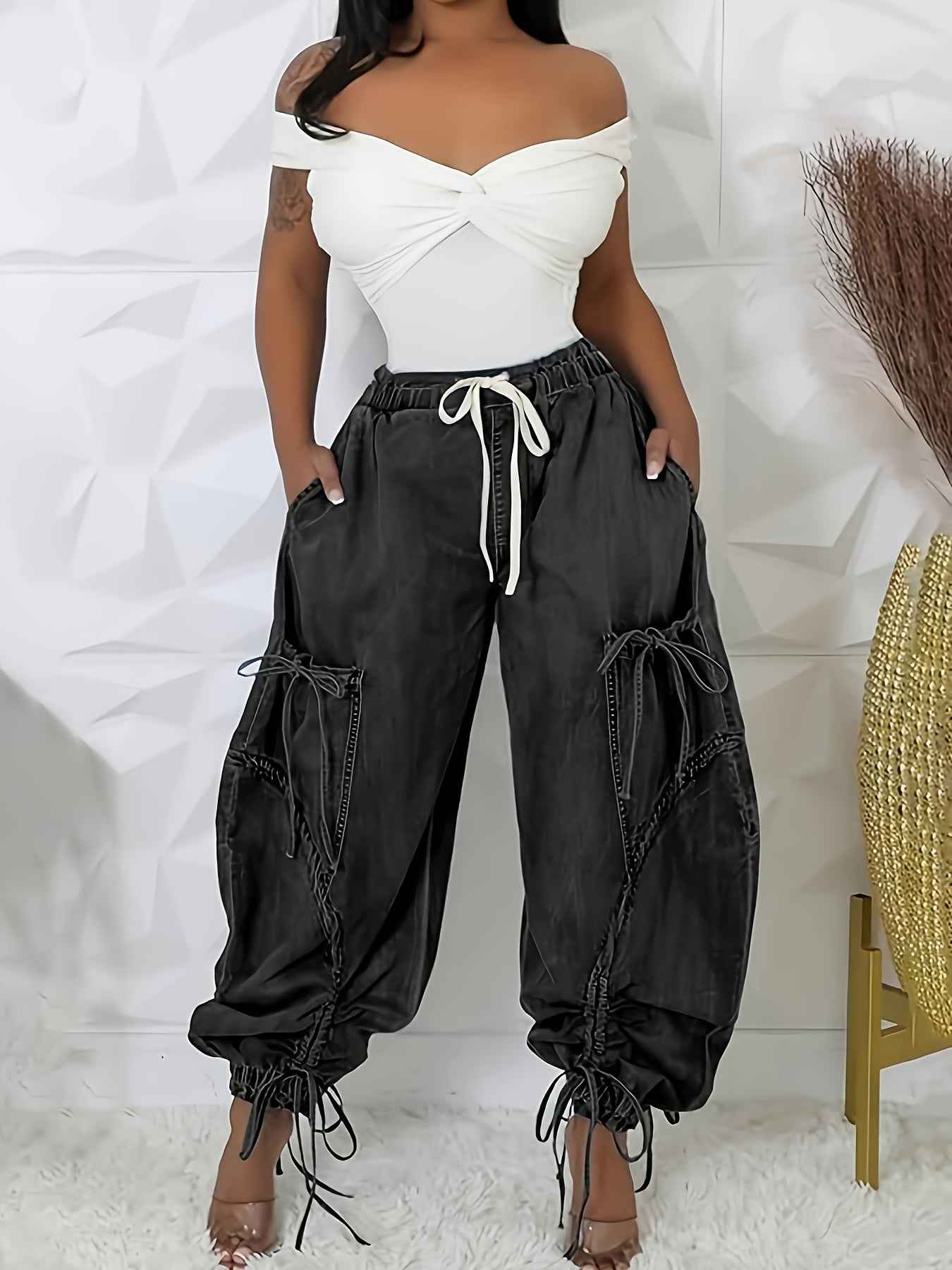 Womens Baggy Jeans Women'S Fashionable Drawstring Lace-up