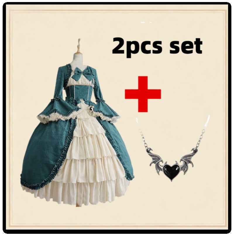 Medieval Victorian Steampunk Costume Dress Set - Square Neck Corset Bodice, Ruffled Lace-like Skirt & Waist Sash with Free Necklace - Renaissance Faire,, Themed Party Outfit for (Burgundy/Maroon)