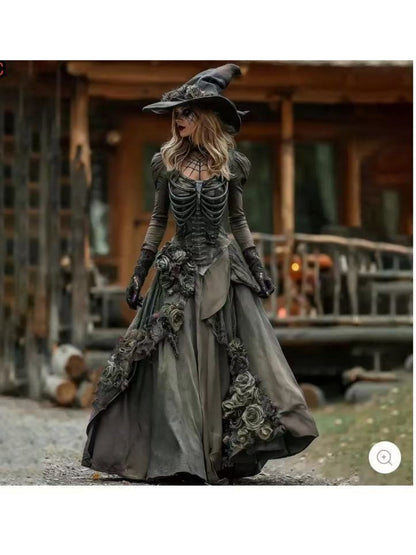 Women'S Elegant Retro Gothic Witch Dress - Long Sleeve Puffed Sleeve with Ruffled Hem & Belted Waist, Machine Washable Purple & Digital Print Halloween Costume Party Outfit, Vintage-Inspired Autumn Dress for Themed Events & C SS69