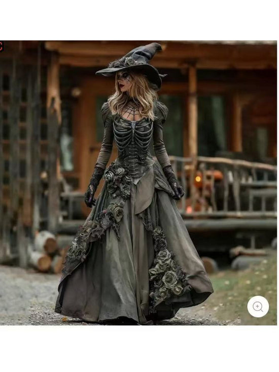 Women'S Elegant Retro Gothic Witch Dress - Long Sleeve Puffed Sleeve with Ruffled Hem & Belted Waist, Machine Washable Purple & Digital Print Halloween Costume Party Outfit, Vintage-Inspired Autumn Dress for Themed Events & C SS69