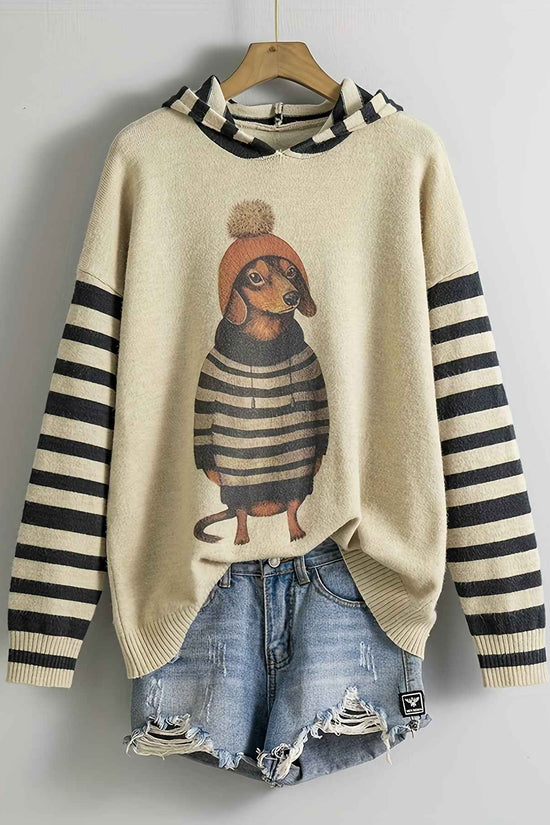 [Cute Sweater] Cute Dachshund Dog Plus Size Women's Casual Round Neck Long Sleeve Sweater | 3D Digital Print, Navy Blue, Cozy Fall Winter Top, Dog Sweater, Winter Comfort Clothing, Texture