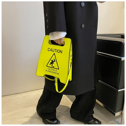 Chic Black Faux Leather Novelty Shoulder Bag - Fashionable Caution Sign Tote with Detachable Strap, Zip Closure for Women SS69