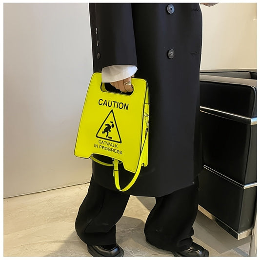 Chic Black Faux Leather Novelty Shoulder Bag - Fashionable Caution Sign Tote with Detachable Strap, Zip Closure for Women SS69
