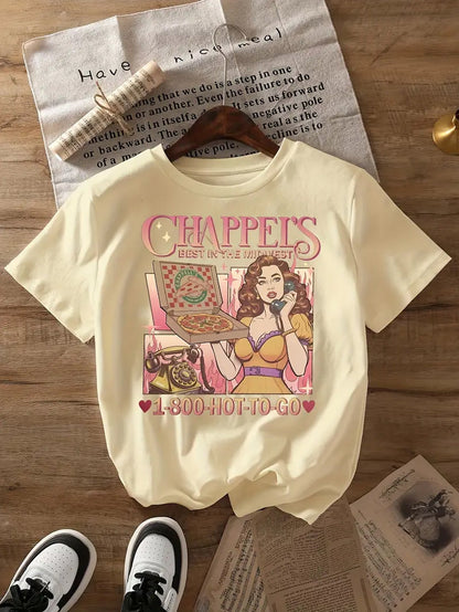 Women's Retro "CHAPPEL'S" Graphic Tee - Vintage 1950s Pin-Up Design, Short Sleeve Crew Neck, Lightweight Polyester Blend, Casual Summer & Spring Top, Machine Washable SS69