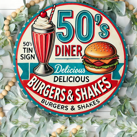 1 Vintage 50'S Diner Metal Sign - Classic Burger & Shake Design, Ideal for Retro Restaurants or Nostalgic Home Kitchen Walls, Durable Iron, 8x8 Inches, Food Wall Art, Perfect for Room Decor SS69