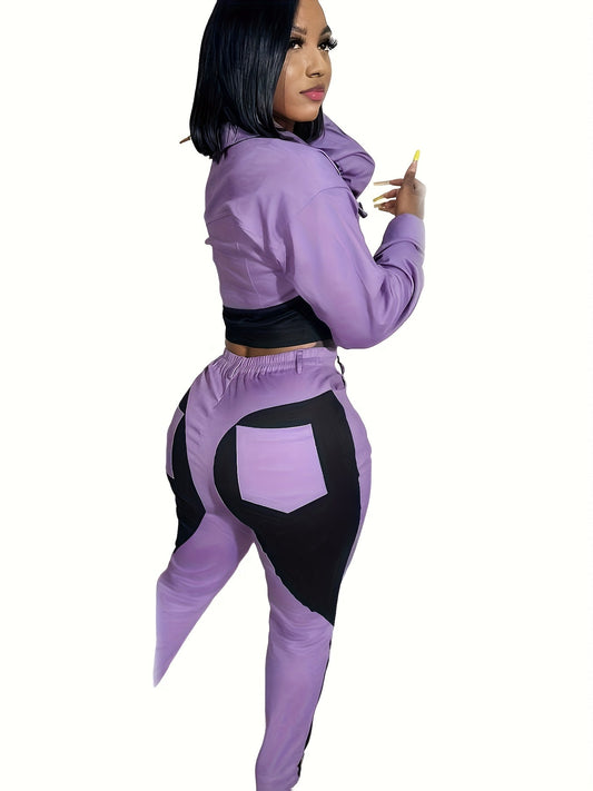 2pcs Women'S Casual Two-piece Set, Sports Patchwork Color Blocking, Long Sleeve Lapel Button Up Top Pencil Pants, Suitable For Daily Club Set SS69