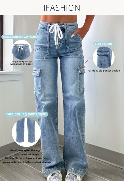 2025 New Style Women'S Leisure Straight-leg Jeans With Laces And Multiple Pockets. Casual Fashion Denim Fabric Sweatpants Jeans Fit Womenswear - SS69 