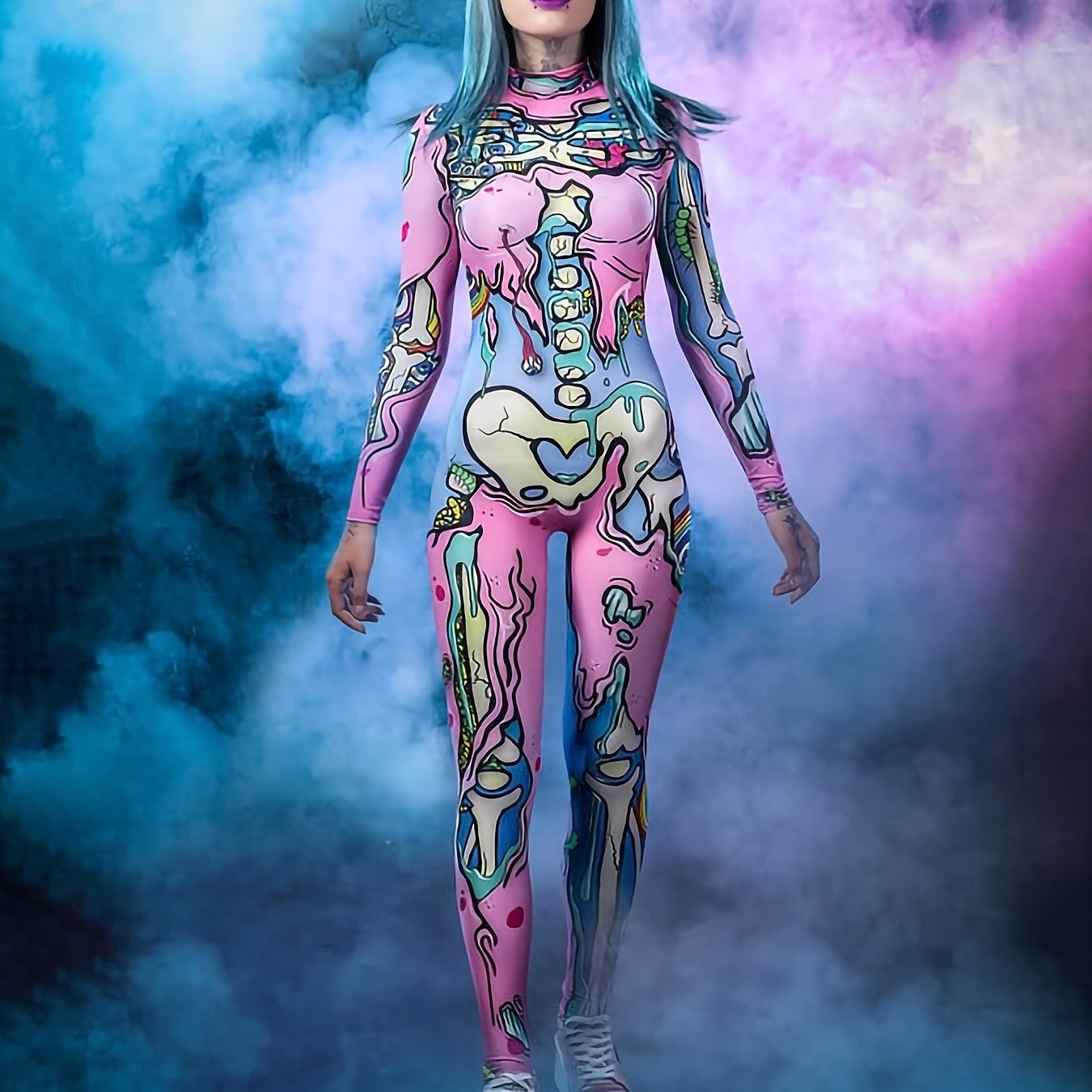 Women'S Sexy Halloween Costume - Long Sleeve Bodycon Jumpsuit with Neon Accents, Form-Fitting Cosplay Outfit for Halloween Parties, Themed Events - Sexy Party Attire for Women, Halloween Clothes, Themed Event Attire, Formfitt SS69 25.69 Mixed Color / L