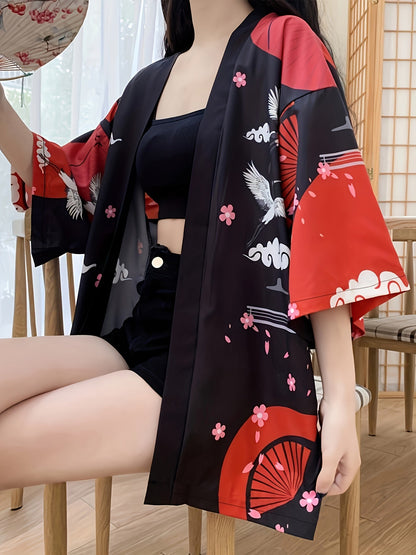 [Costume Delight] Anime Cosplay Kimono Cardigan - Lucky Cat & Festive Motifs, Lightweight Polyester, 3/4 Sleeve, Open Front Shawl - Ideal for Spring/Summer, Sun Protection, Halloween & Christmas Costumes SS69