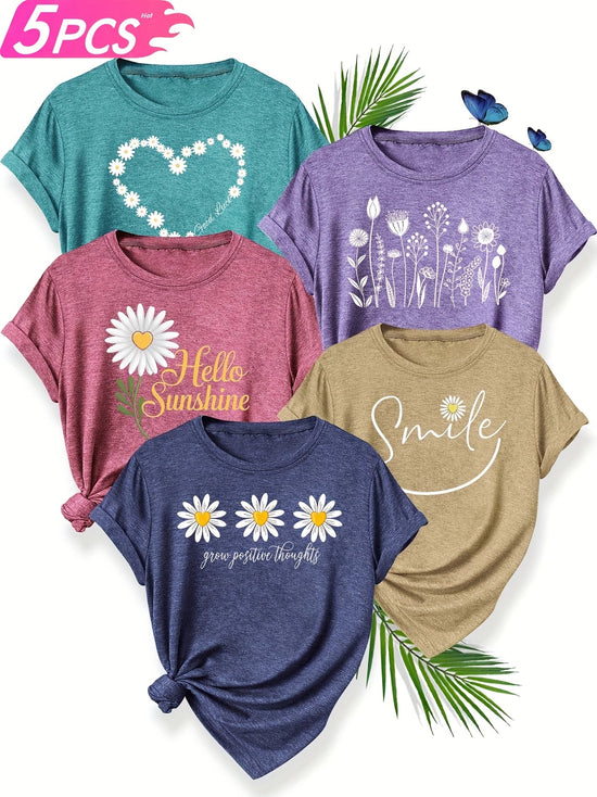 5pcs Women'S Casual Crew Neck Short Sleeve T-Shirts - Floral, Heart, and Smile Print Designs in Purple, Green, Pink, and Blue - Soft Stretch Fabric for Spring, Summer, and Fall, Plus Sizes Available, Plus Size Tee | Floral Pr SS69