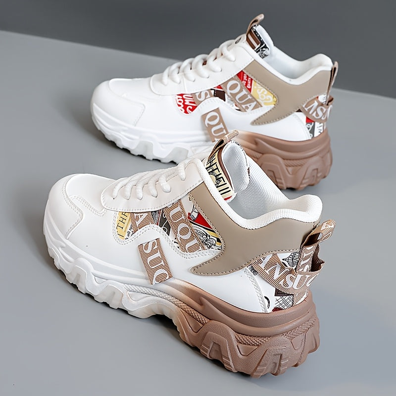 Women'S 2025 Spring/Summer High-Top Sneakers - Casual, Breathable, Thick Sole Running Shoes with Lace-Up Closure, Synthetic Upper, PVC Sole, and Stylish Red & Beige Design for Outdoor Activities, Casual Footwear | Trendy Casu SS69