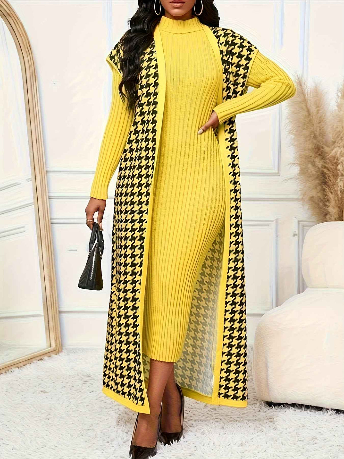 Women's Elegant Houndstooth Print Cardigan Vest - Oversized Collar Long Sleeveless Jacket, Black/White/Yellow/Beige, Fall Winter Warm Coat, Machine Washable Blazer for Casual & Formal Wear