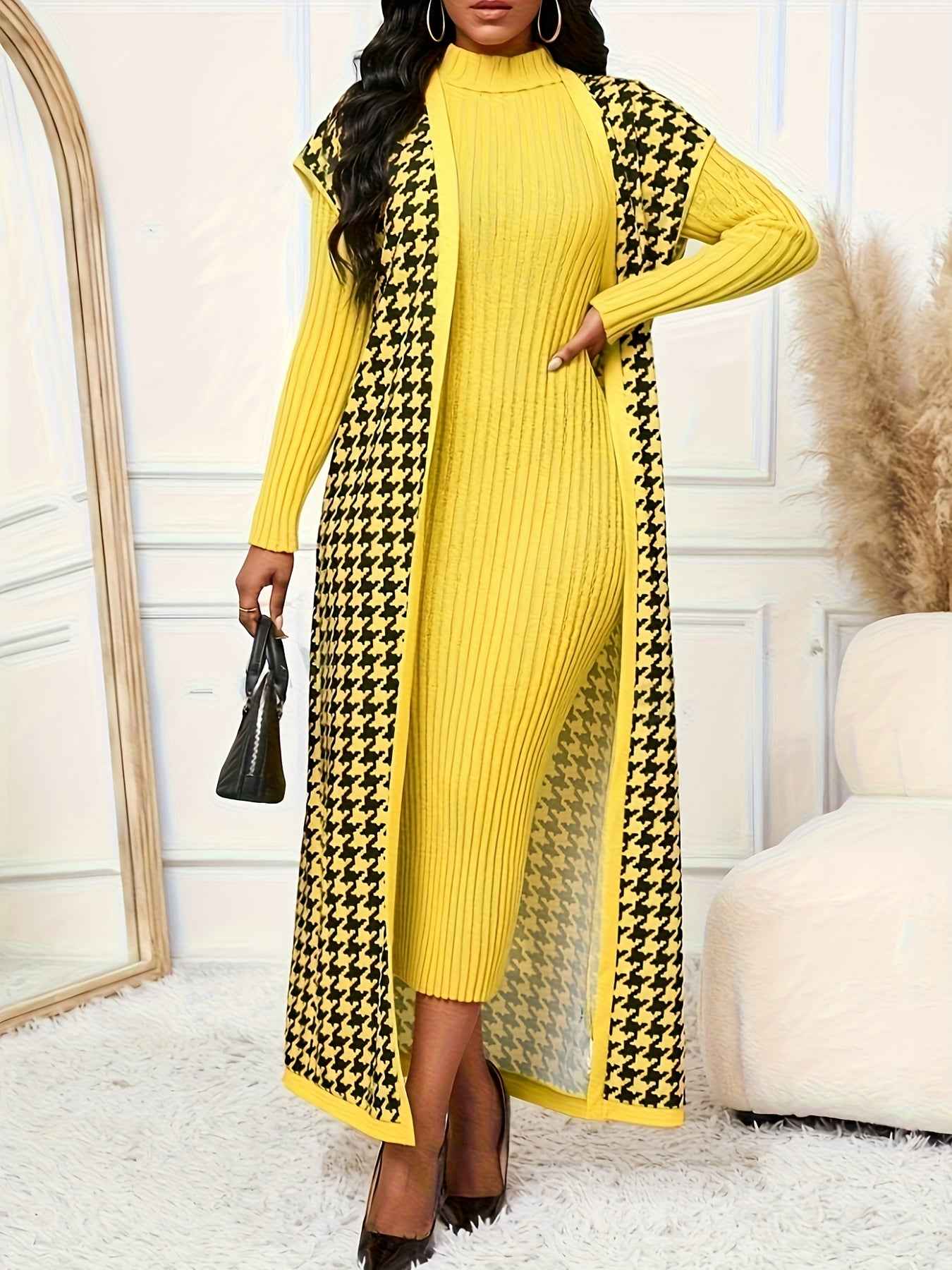 Women's Elegant Houndstooth Print Cardigan Vest - Oversized Collar Long Sleeveless Jacket, Black/White/Yellow/Beige, Fall Winter Warm Coat, Machine Washable Blazer for Casual & Formal Wear