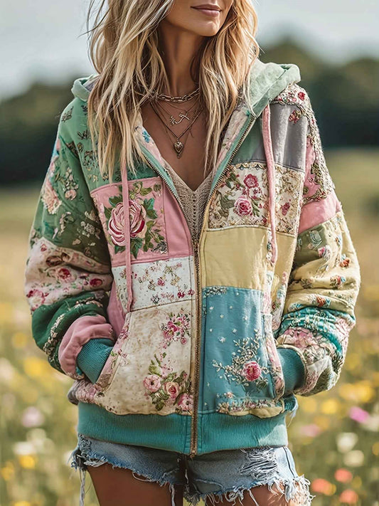 Plus Size, Women's Plus Size Vintage Bohemian Floral & plant print Hooded Jacket/Sweatshirt - Elegant Loose Fit Oversized Coat with Full-Length Zipper, H-Line Silhouette for Fall Winter Spring, Machine Washable for easy care
