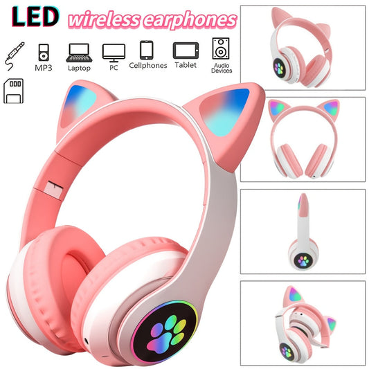 Wireless & Wired Foldable Cat Ear Over-Ear Gaming Headset With LED Lights - Hi-Fi Stereo, Detachable Audio Cable, Built-in Mic, USB Rechargeable, Perfect Gift For Anime & Gaming Girls SS69