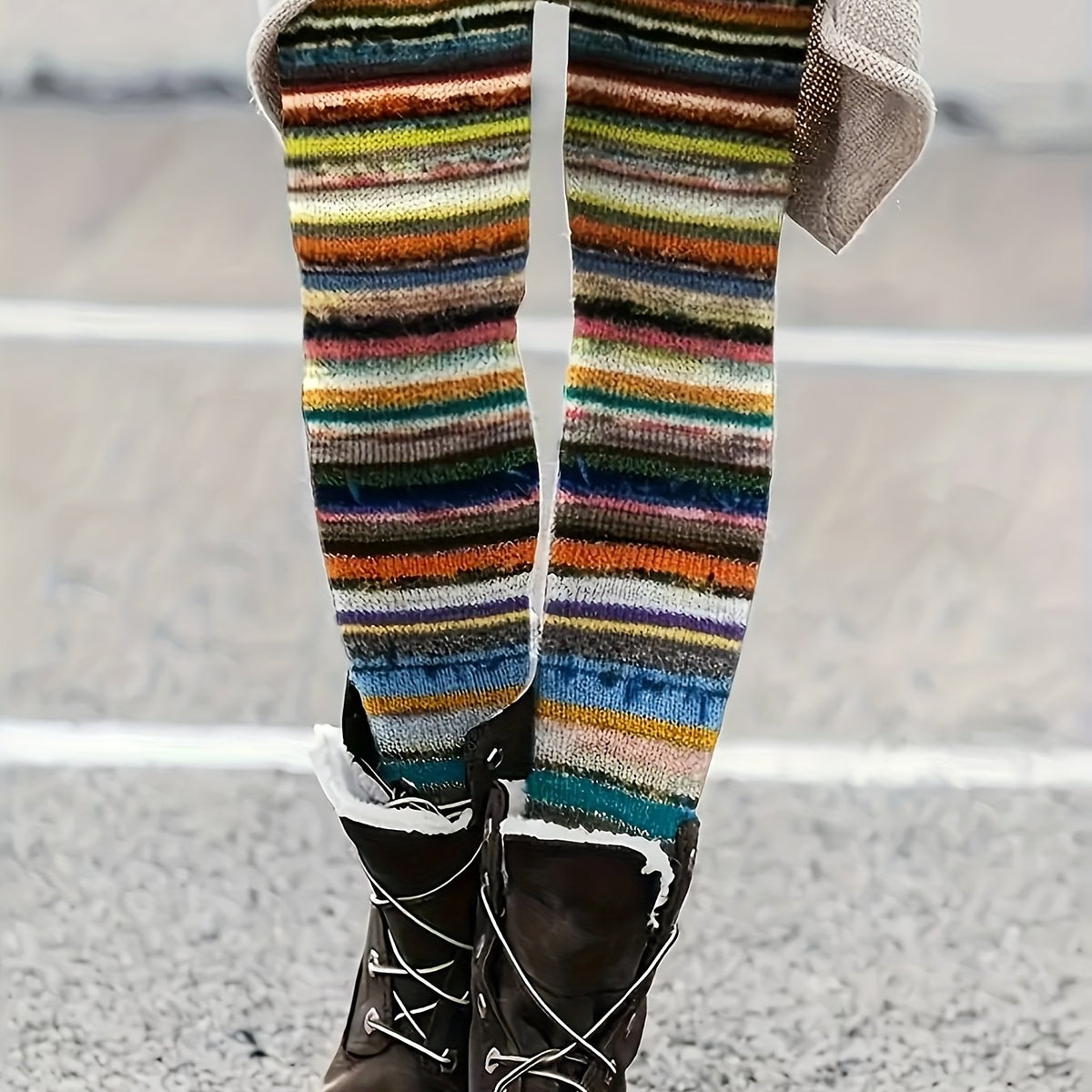 Women's High-Waisted Stretchy Casual Pants with Colorful Striped Print - 95% Polyester 5% Elastane, Machine Washable All-Season Comfort for Casual Attire SS69 10.69 Multicolor / XXL