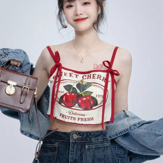 Hikigawa Chic Fashion Women Casual Japanese Sweet Cherry Print Slim Camisole Summer Bow Lace Up Thin Sxey Crop Y2k Tops Mujer - SS69
