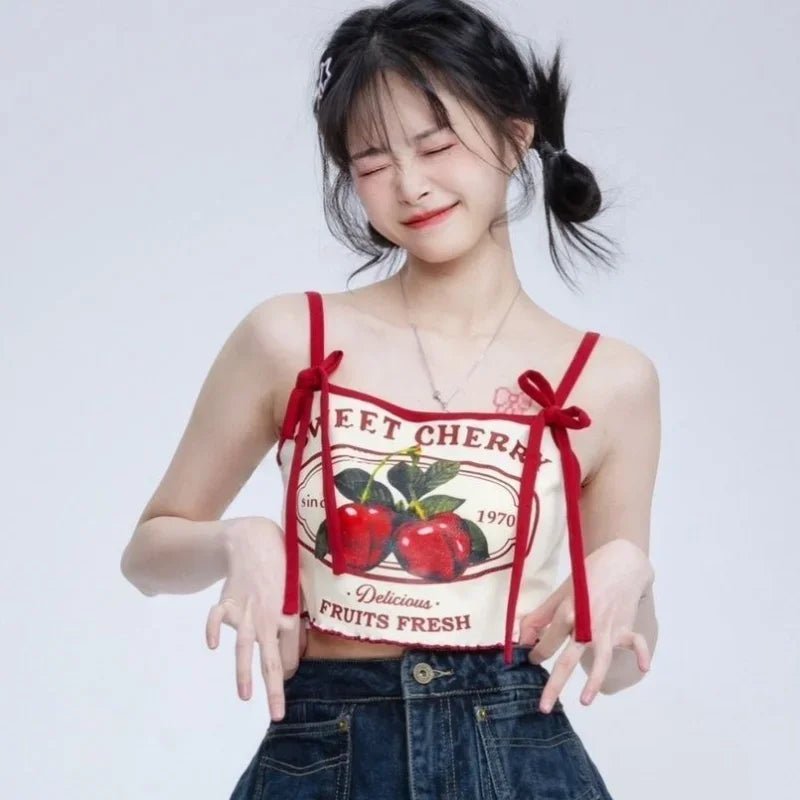 Hikigawa Chic Fashion Women Casual Japanese Sweet Cherry Print Slim Camisole Summer Bow Lace Up Thin Sxey Crop Y2k Tops Mujer - SS69