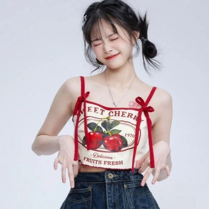 Hikigawa Chic Fashion Women Casual Japanese Sweet Cherry Print Slim Camisole Summer Bow Lace Up Thin Sxey Crop Y2k Tops Mujer - SS69
