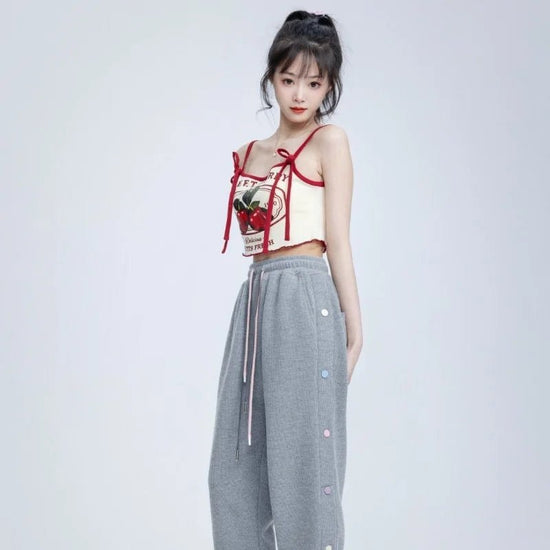 Hikigawa Chic Fashion Women Casual Japanese Sweet Cherry Print Slim Camisole Summer Bow Lace Up Thin Sxey Crop Y2k Tops Mujer - SS69