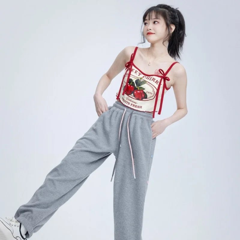 Hikigawa Chic Fashion Women Casual Japanese Sweet Cherry Print Slim Camisole Summer Bow Lace Up Thin Sxey Crop Y2k Tops Mujer - SS69