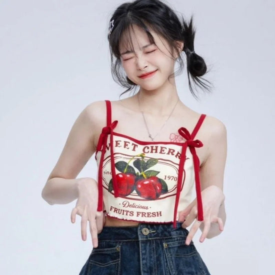 Hikigawa Chic Fashion Women Casual Japanese Sweet Cherry Print Slim Camisole Summer Bow Lace Up Thin Sxey Crop Y2k Tops Mujer - SS69