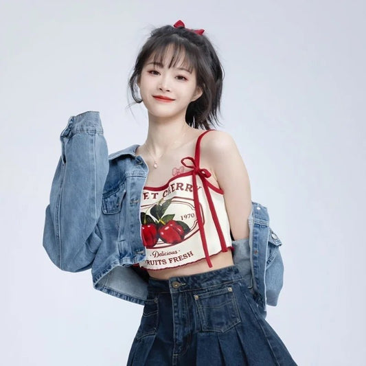 Hikigawa Chic Fashion Women Casual Japanese Sweet Cherry Print Slim Camisole Summer Bow Lace Up Thin Sxey Crop Y2k Tops Mujer - SS69