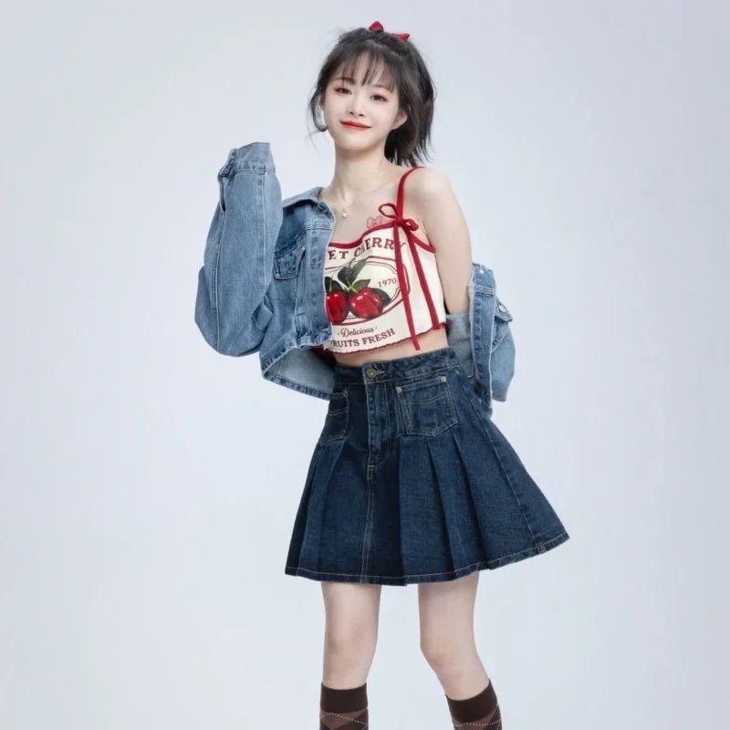 Hikigawa Chic Fashion Women Casual Japanese Sweet Cherry Print Slim Camisole Summer Bow Lace Up Thin Sxey Crop Y2k Tops Mujer - SS69