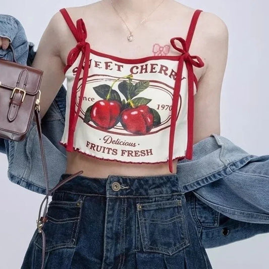 Hikigawa Chic Fashion Women Casual Japanese Sweet Cherry Print Slim Camisole Summer Bow Lace Up Thin Sxey Crop Y2k Tops Mujer - SS69