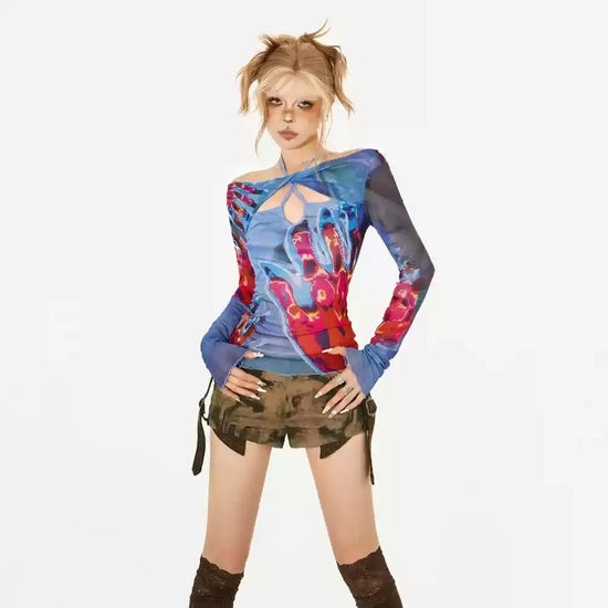 Hot Girls Spring Hollow Out Mesh Slim Halter Neck Novelty Original Design Printing Long Flare Sleeve Gothic Punk Shirt Tops - SS69