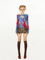 Hot Girls Spring Hollow Out Mesh Slim Halter Neck Novelty Original Design Printing Long Flare Sleeve Gothic Punk Shirt Tops - SS69