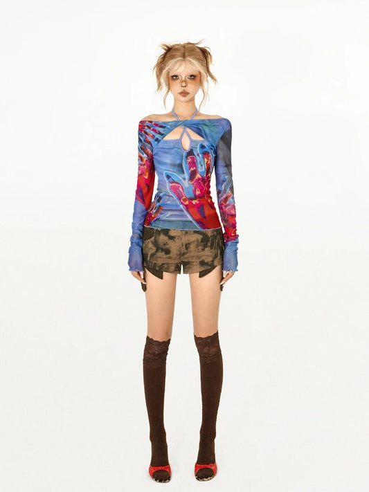 Hot Girls Spring Hollow Out Mesh Slim Halter Neck Novelty Original Design Printing Long Flare Sleeve Gothic Punk Shirt Tops - SS69