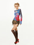 Hot Girls Spring Hollow Out Mesh Slim Halter Neck Novelty Original Design Printing Long Flare Sleeve Gothic Punk Shirt Tops - SS69