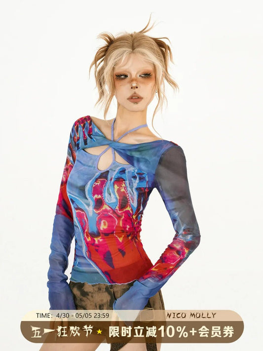 Hot Girls Spring Hollow Out Mesh Slim Halter Neck Novelty Original Design Printing Long Flare Sleeve Gothic Punk Shirt Tops - SS69