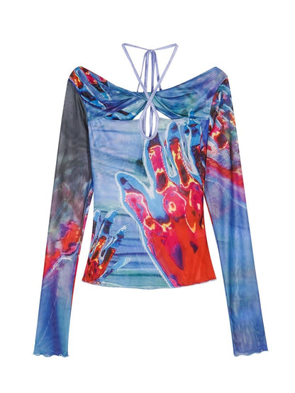 Hot Girls Spring Hollow Out Mesh Slim Halter Neck Novelty Original Design Printing Long Flare Sleeve Gothic Punk Shirt Tops - SS69