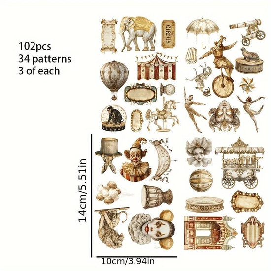 JAIIMAN 81 - 102pcs Art Sticker Circus and Middle Ages with Tourist, Clown, Circus Tent Patterns, for Crafting, Scrapbooking,Decor - SS69