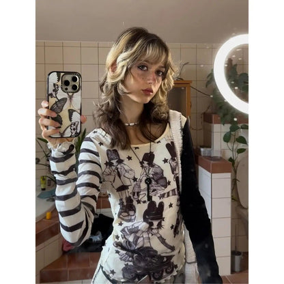Japanese Patchwork Star Stripe Long Sleeve T-Shirt Millennial Hot Girls Long Sleeve T-Shirt Harajuku y2k long sleeve t-shirt - SS69
