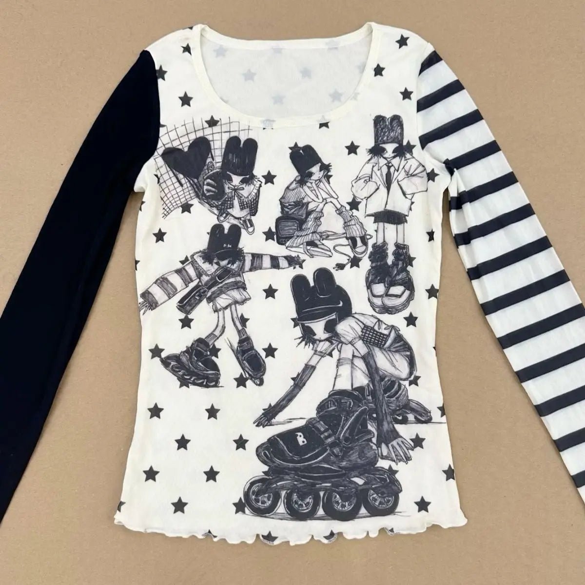 Japanese Patchwork Star Stripe Long Sleeve T-Shirt Millennial Hot Girls Long Sleeve T-Shirt Harajuku y2k long sleeve t-shirt - SS69