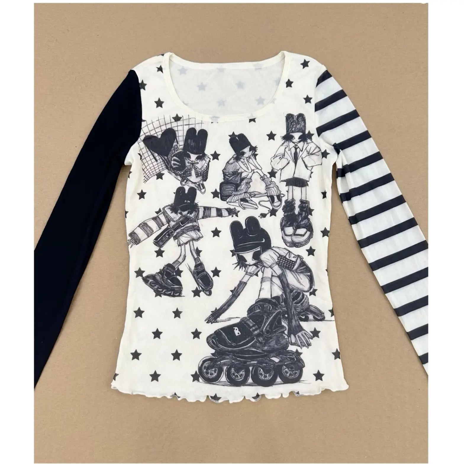 Japanese Patchwork Star Stripe Long Sleeve T-Shirt Millennial Hot Girls Long Sleeve T-Shirt Harajuku y2k long sleeve t-shirt - SS69